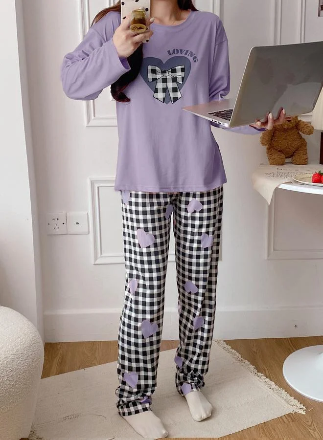 Take Two  Purple Heart Long Sleeve T-Shirt and Checked Pyjama Set for Women | Best Price UAE